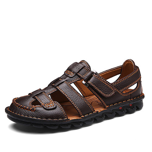 

Men's Genuine Leather Sandals Hand Stitching Beach Daily Outdoor Cowhide Breathable Non-Slipping Dark Brown Black Summer