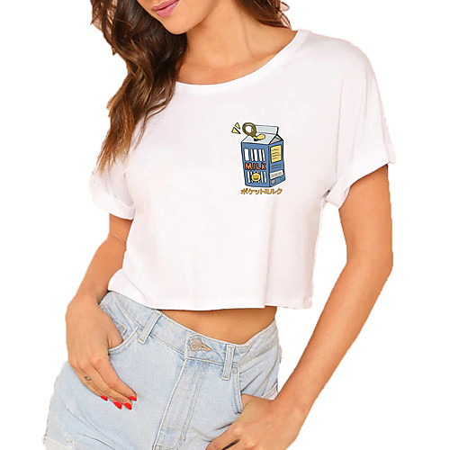 

Women's Crop Tshirt Cartoon Graphic Print Round Neck Tops 100% Cotton Basic Basic Top White Black
