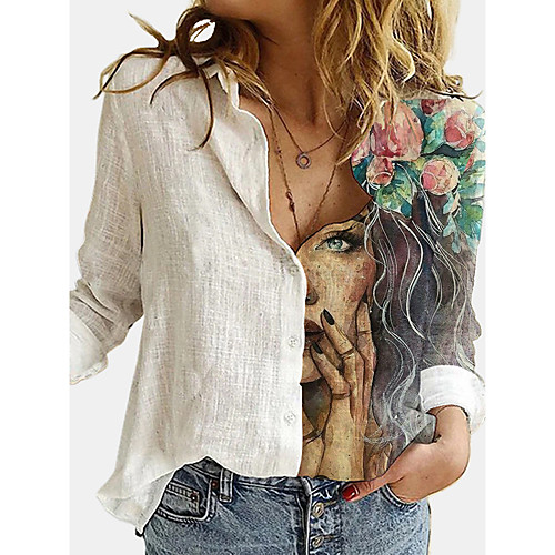 

Women's Floral Theme Portrait Blouse Shirt Floral Graphic Long Sleeve Button Print Shirt Collar Basic Streetwear Tops White Blue Gray