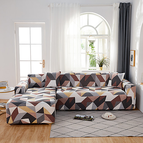 

Geometric Triangle Print Dustproof All-powerful Slipcovers Stretch L Shape Sofa Cover Super Soft Fabric Couch Cover Sofa Furniture Protector with One Free Boster Case