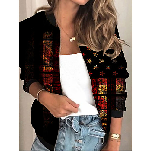 

Women's Jacket Daily Spring Summer Regular Coat V Neck Regular Fit Sporty Casual Jacket Long Sleeve Flag Print Black / Holiday