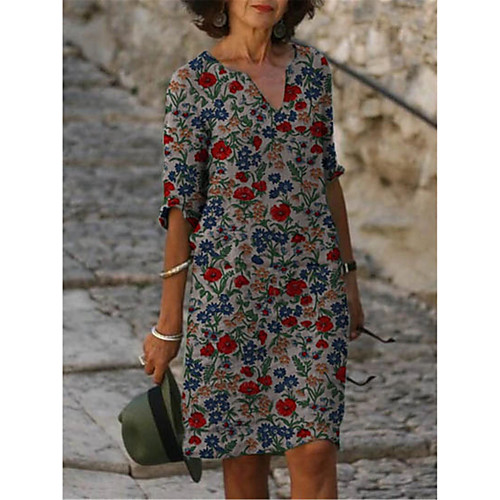 

Women's Loose Knee Length Dress Half Sleeve Print Summer V Neck Casual 2021 S M L XL XXL 3XL 4XL 5XL