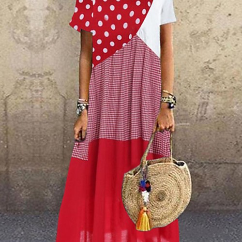 

Women's A Line Dress Maxi long Dress Short Sleeve Dot Summer Casual Loose Retro S M L XL 2XL 3XL