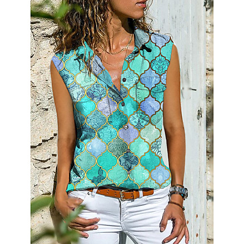 

Women's Geometric Blouse Shirt Graphic Color Block Button Print Shirt Collar Casual Streetwear Tops Blue Purple Green