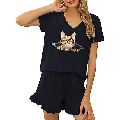

Women's Basic Streetwear 3D Print Cat Vacation Casual / Daily Two Piece Set Tracksuit T shirt Loungewear Shorts Drawstring Ruffle Print Tops