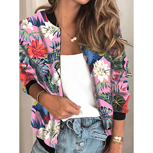 

Women's Jacket Daily Fall Spring Regular Coat Regular Fit Casual Jacket Long Sleeve Floral Print Rainbow