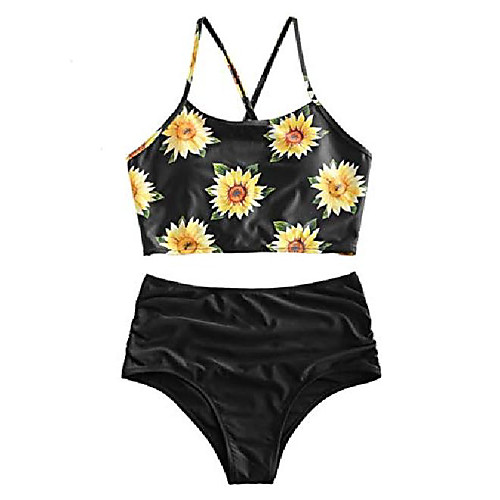 

zaful women's floral leaf print lace-up criss cross tankini set high waisted scoop collar padded bathing suit (large, firebrick)