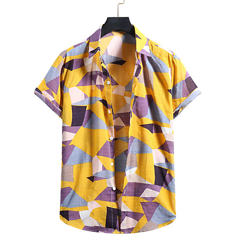 

Men's Shirt Other Prints Geometric Print Short Sleeve Casual Tops Hawaiian Button Down Collar Yellow Khaki