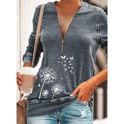 

Women's T shirt Dandelion Long Sleeve Zipper V Neck Tops Basic Basic Top Blue Gray
