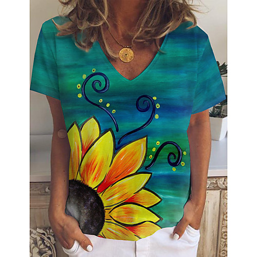 

Women's Sunflower Painting T shirt Floral Graphic Print V Neck Basic Tops Green