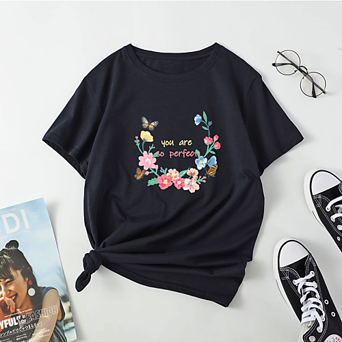 

Women's T shirt Floral Letter Print Round Neck Tops Cotton Basic Basic Top White Black Blue