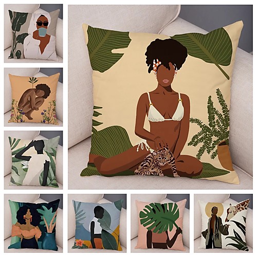 

Double Side Cushion Cover 1PC Faux Linen Soft Decorative Square Pillowcase for Sofa Bedroom Superior Quality Print Black Africa Girl Patio Throw Pillow Covers for Garden Farmhouse Bench Couch