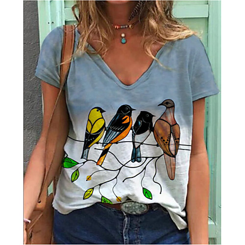 

Women's T shirt Bird V Neck Tops Basic Basic Top Blue