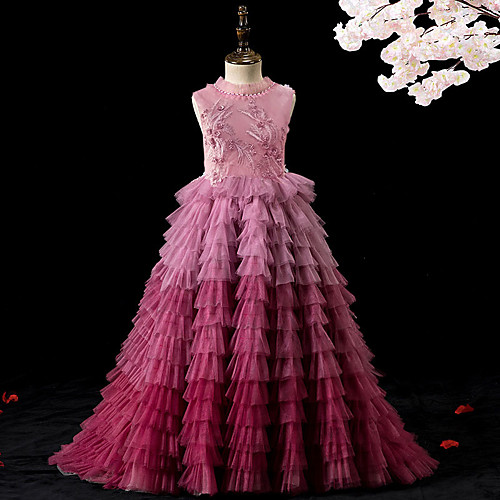 

Mermaid / Trumpet Sweep / Brush Train Flower Girl Dresses Event / Party Tulle Sleeveless High Neck with Tier / Formal Evening