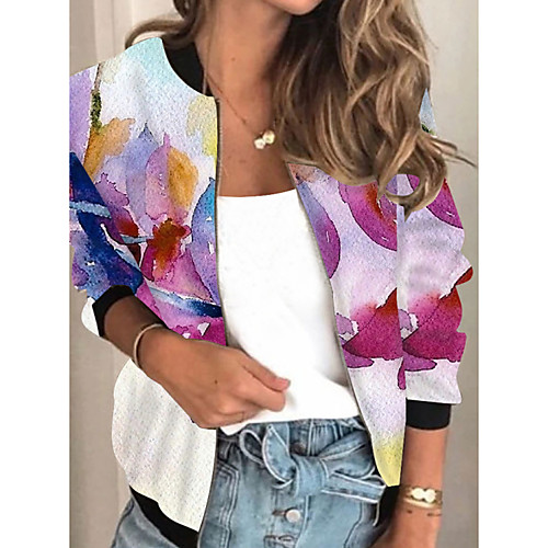 

Women's Jacket Daily Fall Spring Regular Coat Regular Fit Casual Jacket Long Sleeve Floral Print Purple