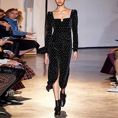 

Sheath / Column Sparkle Vintage Wedding Guest Cocktail Party Dress Scoop Neck Long Sleeve Tea Length Velvet with Crystals Split 2021