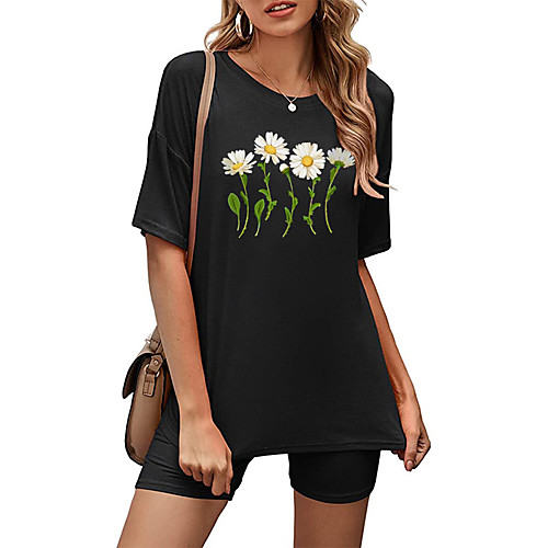 

Women's Basic Streetwear Floral Vacation Casual / Daily Two Piece Set Tracksuit T shirt Loungewear Biker Shorts Print Tops
