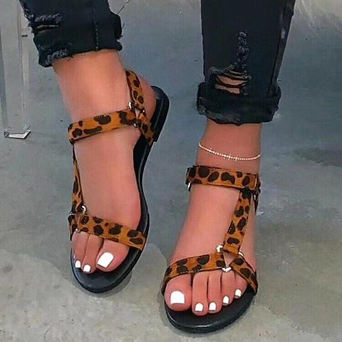 

Women's Sandals Flat Heel Round Toe PU Solid Colored Leopard Leopard Black Red