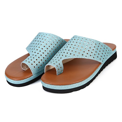 

Women's Sandals Flat Heel Round Toe PU Color Block Black Blue Gold