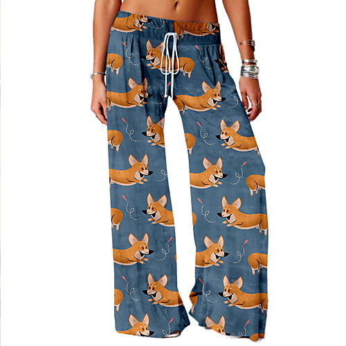 

Women's Basic Soft Comfort Daily Home Chinos Pants Dog Animal Full Length Elastic Drawstring Design Print Blue