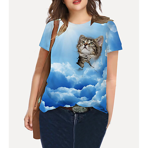 

Women's Plus Size Tops T shirt Cat Graphic Animal Print Short Sleeve Crewneck Basic Blue Big Size XL XXL 3XL 4XL 5XL / Holiday / Going out