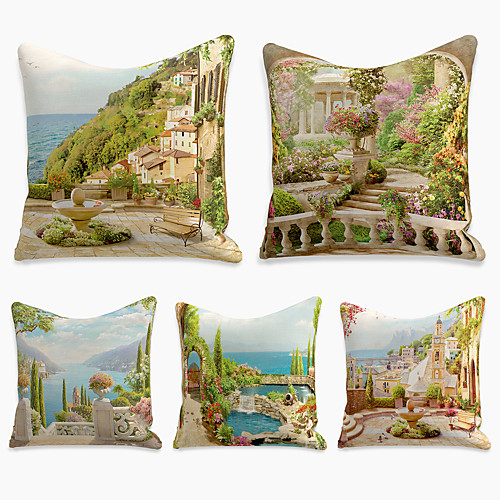 

Cushion Cover 5PC Faux Linen Soft Decorative Square Pillowcase for Sofa Bedroom 45 x 45 cm (18 x 18 Inch) Superior Quality Landscape Patio Throw Pillow Covers for Garden Farmhouse Bench Couch