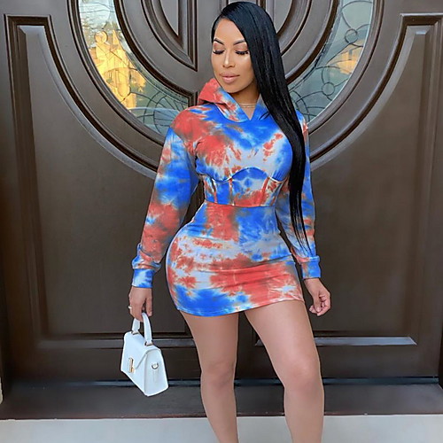 

Women's Sports Dress Short Mini Dress Blue Long Sleeve Tie Dye Print Summer Hooded Casual 2021 S M L XL XXL