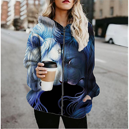 

Women's Jacket Daily Fall Spring Regular Coat Regular Fit Casual Jacket Long Sleeve Animal Patterned Print Blue / Holiday