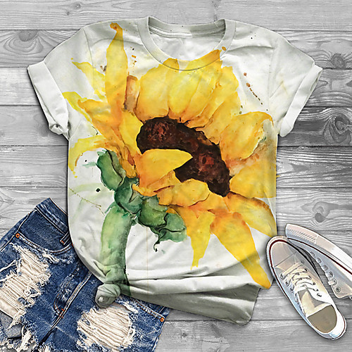

Women's Plus Size Tops T shirt Floral Graphic Sunflower Print Short Sleeve Crewneck Basic White Big Size XL XXL 3XL 4XL 5XL / Holiday