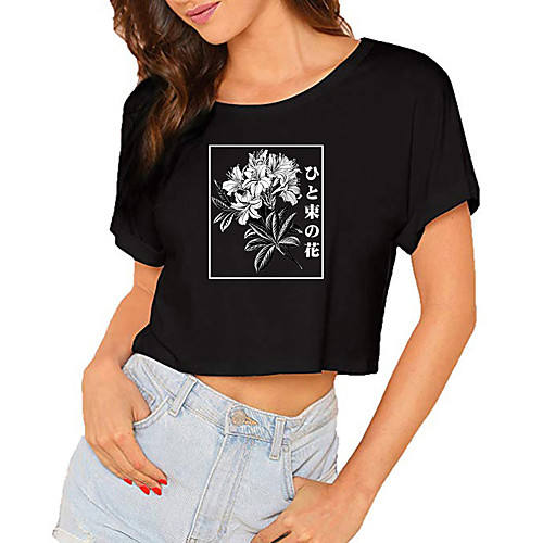 

Women's Crop Tshirt Floral Graphic Print Round Neck Tops 100% Cotton Basic Basic Top Black