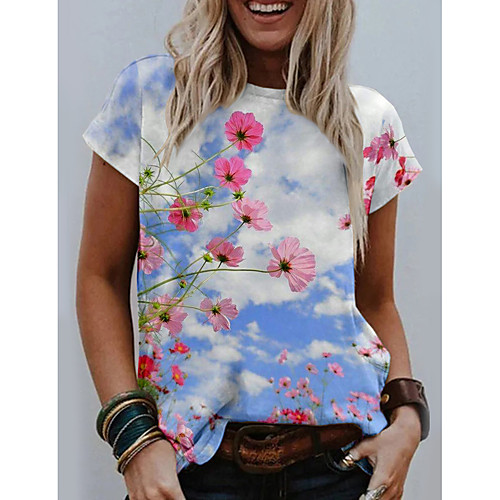 

Women's Floral Theme Painting T shirt Floral Graphic Print Round Neck Basic Tops Blue