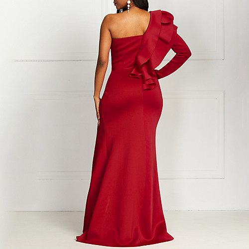 

Women's Sheath Dress Maxi long Dress Red Long Sleeve Solid Color Ruched Ruffle Zipper Winter Elegant Party 2021 M L XL XXL 3XL