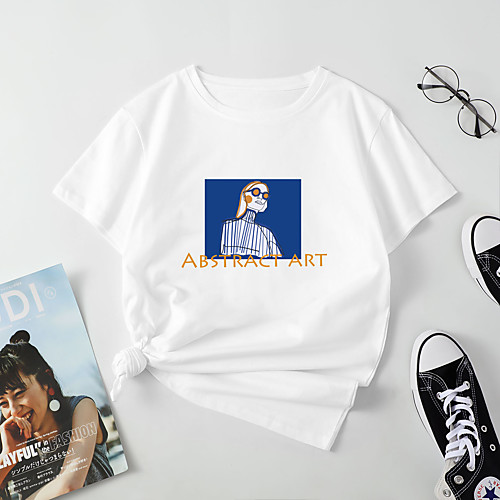 

Women's T shirt Graphic Letter Print Round Neck Tops Cotton Basic Basic Top White Black Blue