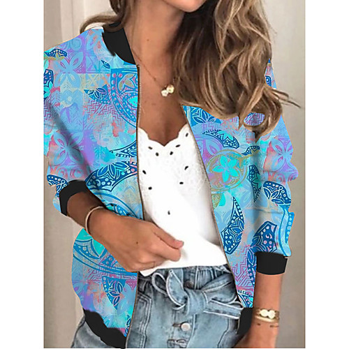 

Women's Jacket Daily Fall Spring Regular Coat V Neck Regular Fit Sporty Casual Jacket Long Sleeve Floral Print Blue / Holiday