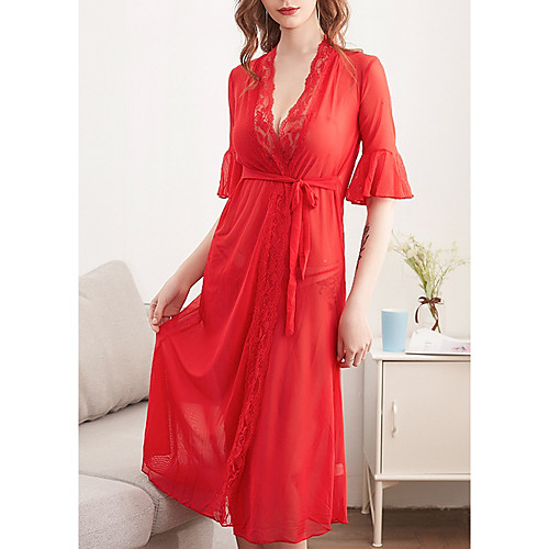 

Women's Robes Pajamas Nightgown Lace Solid Colored Polyester Casual Deep V Daily Wear Home / Sexy