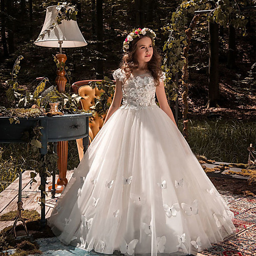 

Princess Court Train Flower Girl Dresses Party Tulle Short Sleeve Jewel Neck with Lace