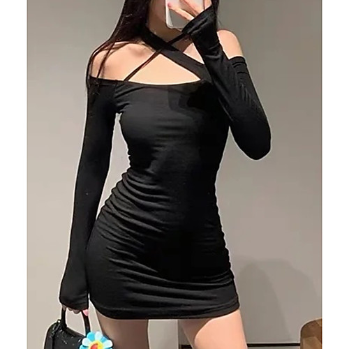 

Women's Strap Dress Short Mini Dress Khaki White Light gray Black Long Sleeve Solid Color Lace up Summer cold shoulder Elegant 2021 S M / Cotton / Cotton