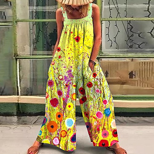 

2021 spring and summer sleeveless sling one-piece fried street oil painting flower print loose wide-leg jumpsuit