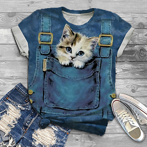 

Women's Plus Size Tops T shirt Cat Graphic Animal Print Short Sleeve Crewneck Basic Spring Summer Blue Big Size XL XXL 3XL 4XL 5XL