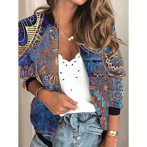 

Women's Jacket Daily Spring & Fall Regular Coat V Neck Regular Fit Sporty Casual Jacket Long Sleeve 3D Print Print Blue / Holiday