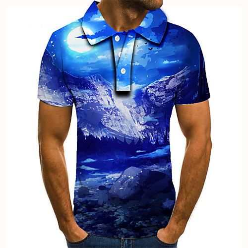 

Men's Golf Shirt 3D Print Graphic Prints Mountain Button-Down Short Sleeve Street Tops Casual Fashion Cool Blue / Sports