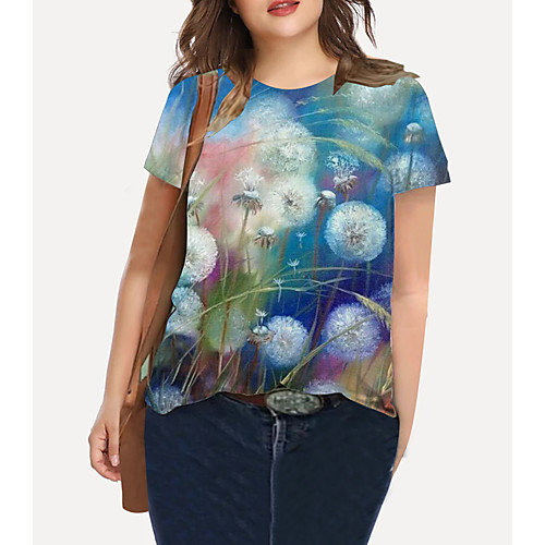 

Women's Plus Size Tops T shirt Floral Graphic Print Short Sleeve Crewneck Basic Blue Big Size XL XXL 3XL 4XL 5XL / Holiday / Going out