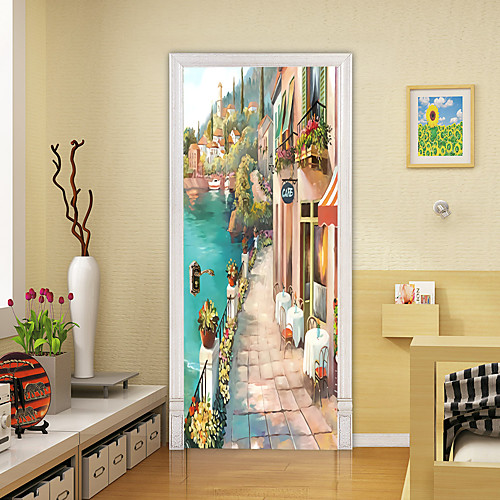 

2pcs Self-adhesive Creative Door Stickers Oil Painting Landscape Living Room Diy Decoration Home Waterproof Wall Stickers