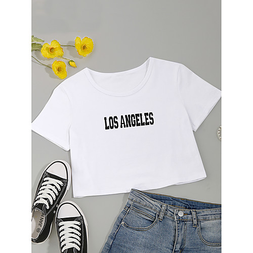 

Women's Crop Tshirt Letter Print Round Neck Tops Cotton Basic Basic Top White Black