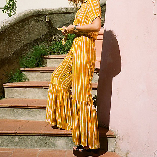 

Women's Chino Boho Comfort Holiday Weekend Wide Leg Pants Stripe Full Length Ruffle Elastic Drawstring Design Print Red Yellow