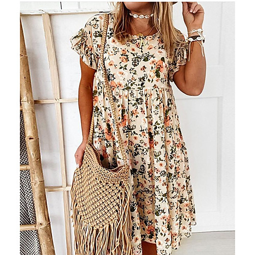 

Women's Swing Dress Short Mini Dress Short Sleeve Floral Print Smocked Ruffle Summer Round Neck Glamorous & Dramatic Casual Going out Loose 2021 S M L XL XXL