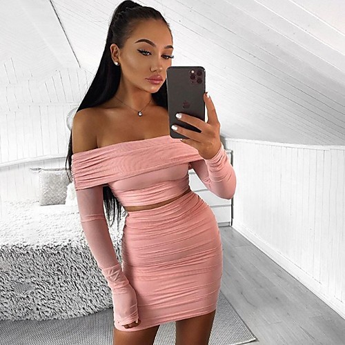

Two Piece Sexy bodycon Party Wear Cocktail Party Dress Off Shoulder Long Sleeve Short / Mini Tulle with Ruched 2021