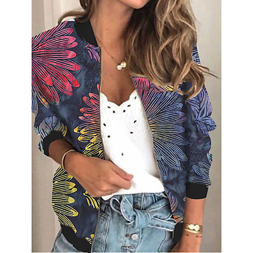 

Women's Jacket Daily Fall Spring Regular Coat V Neck Regular Fit Sporty Casual Jacket Long Sleeve Floral Print Blue / Holiday