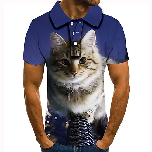 

Men's Golf Shirt Tennis Shirt 3D Print Cat Animal Button-Down Short Sleeve Street Tops Casual Fashion Cool Blue / Sports