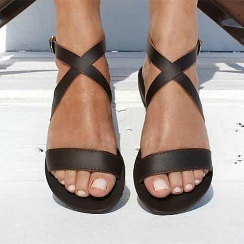 

Women's Sandals Flat Heel Round Toe PU Solid Colored Black Orange